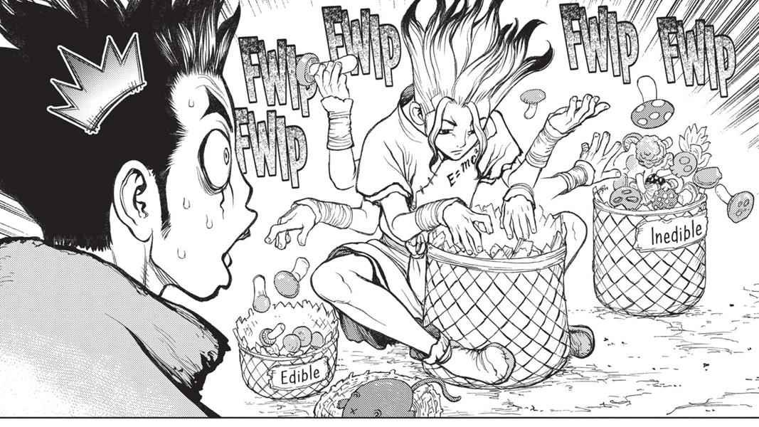 Senku trusts Taiju's stamina, but obviously doesn't trust his identification skills. Senku had prepared a comparatively larger basket for the inedible plants before he'd even started sorting.