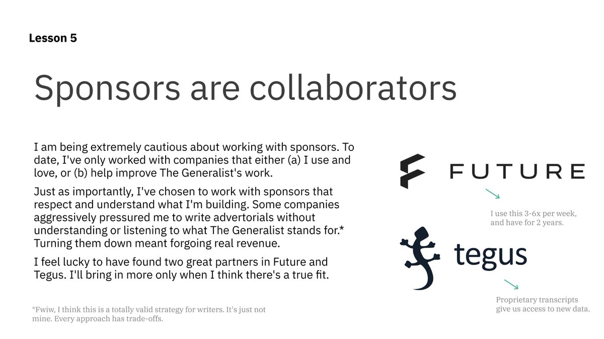 Lesson 5: Sponsors are collaboratorsI've set a very high bar for sponsors. I'm grateful to have gotten to work with  @rmandal at  @futurefitapp and  @BobCasey at  @TegusHQ. Not every sponsor takes the time to really understand what you're building. Grateful for those mentioned.