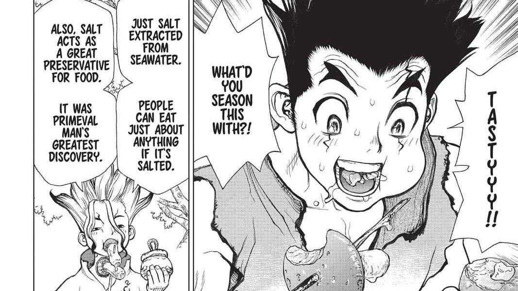 Senku uses the word "primeval" here, meaning "earliest time in history", which going by the previous chapter meant ~2M years ago.In fact, proof of salt production only appeared ~6000BCE during the Neolithic period (=beginnings of agriculture rather than hunt&gathering)...