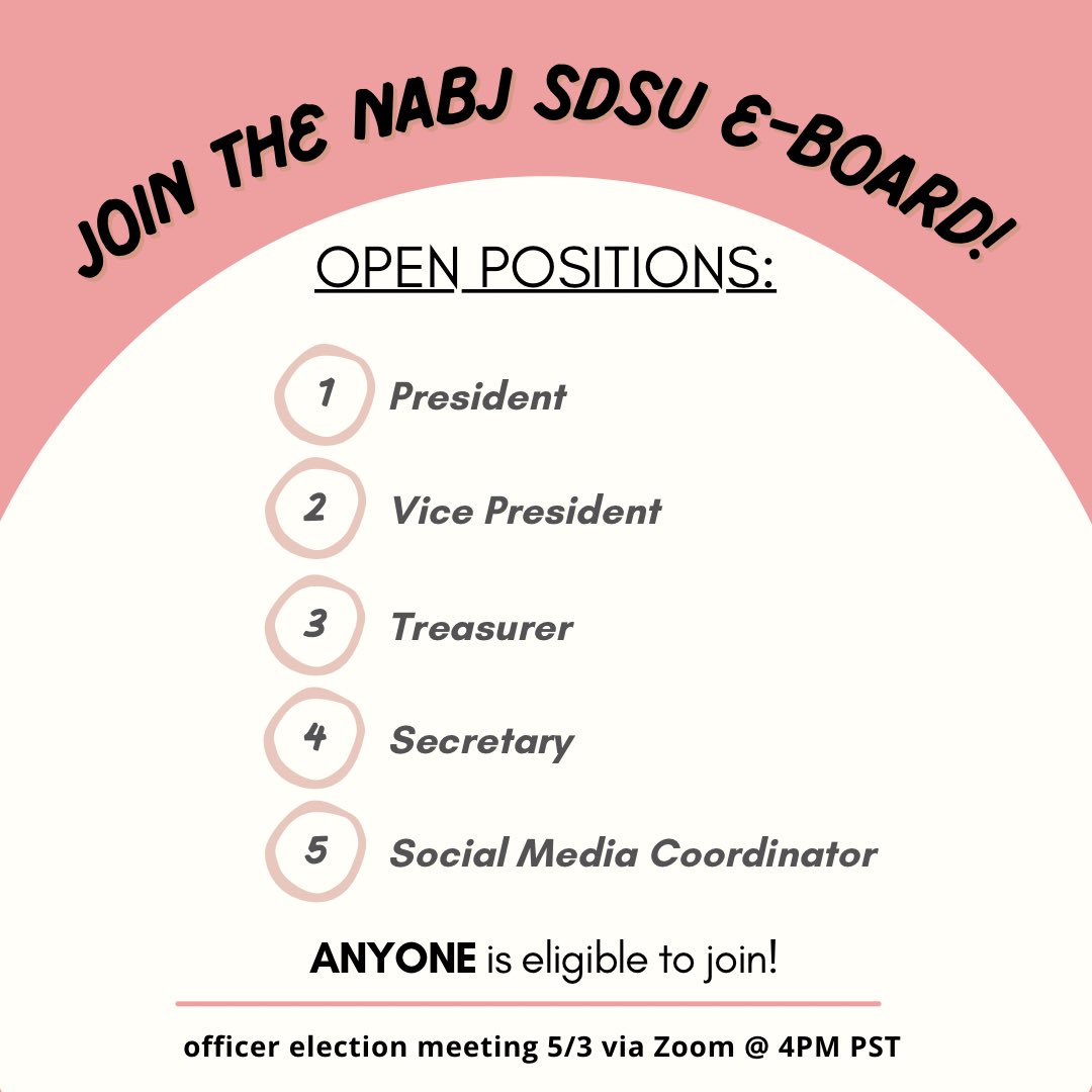 We want YOU to join our NABJ SDSU e-board!! Anyone is eligible to join, and we will have an officers election meeting on Monday, 5/3 at 4PM! The zoom link will be in our bio🤩