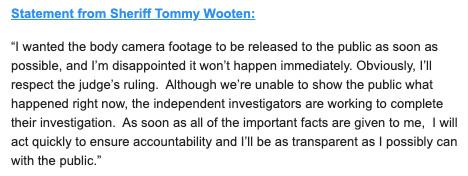 In a statement, Pasquotank County Sheriff Tommy Wooten said he's "disappointed," the video won't be released immediately.