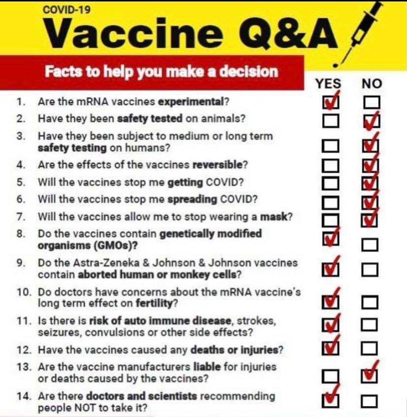 (10/12)• Why do we need to vaccinate the whole population for a virus with a 99.7% survival rate? • Why push an experimental injection that doesn’t even stop you catching or spreading the virus???• Why are the ‘vaccine’ manufacturers not liable for any injuries at all?