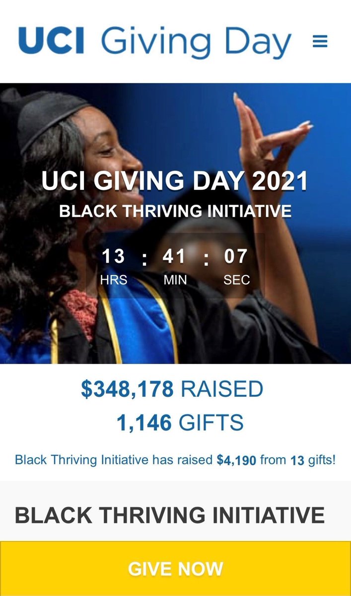 The Black Thriving Initiative has raised over $4000! Let us keep up that momentum and support it at buff.ly/3sUuMMg

Together we can create a culture where Black people thrive! #ucigivingday