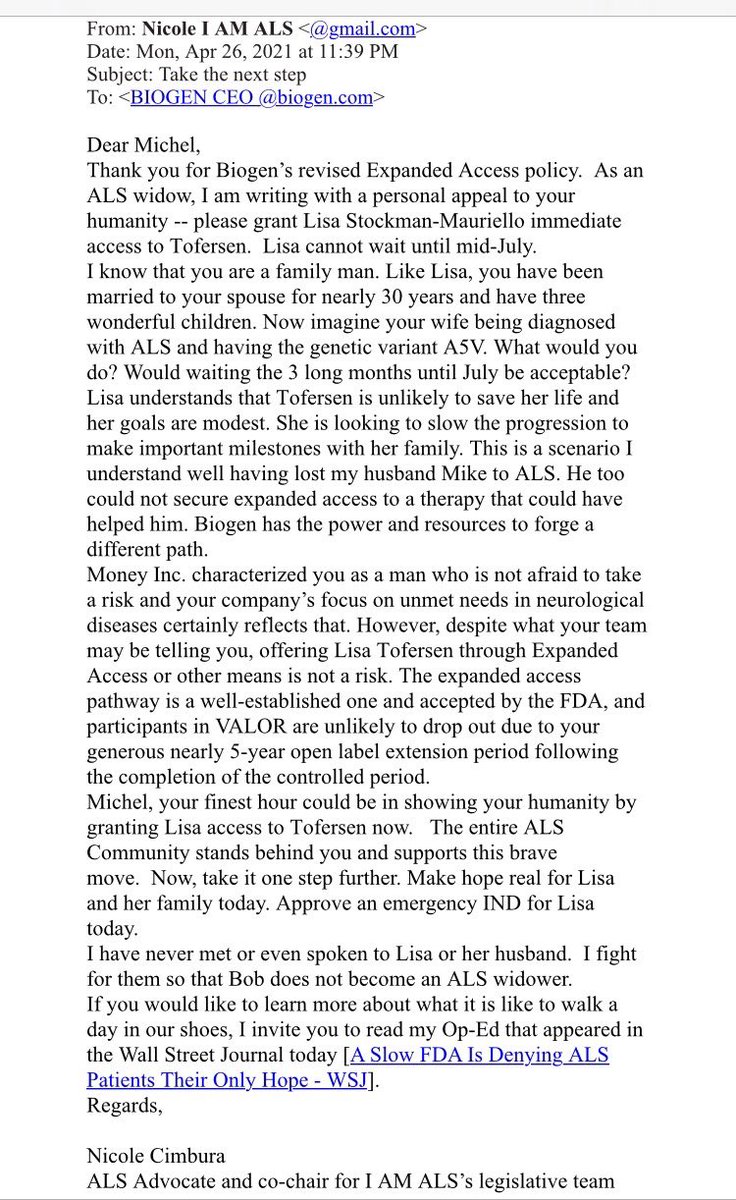 nicolecimbura's tweet photo. @Chance4Lisa @biogen @Mayuri_Saxena @iamalsorg @als_now @Michell62614519 @FinishALS @BrianBeatsALS @sandymorris333 @pjgreen @up_als @PatriciaManhar1 . @biogen I wrote a letter to #CEO Michel Vounatsos asking him to take the next step and grant Lisa access to #tofresen now. July is too late! #NomoreALSwidows https://t.co/GqhOCNVvju