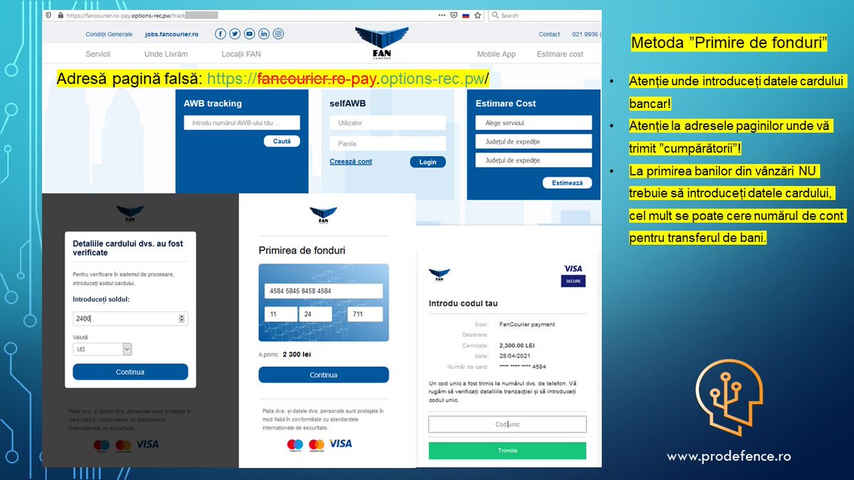 AlexProdefence's tweet photo. Campanie de #phishing și #fraudă. Victima oferă datele cardului bancar, după care face și plata către hackeri, convinși de manipularea vizuală a paginii false!
@CERT_RO
#educatiecibernetica #romania #prodefence #avertizari #infosec https://t.co/FX1YO5Egla