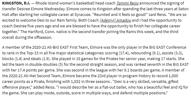 Rhode Island WBB (A-10) announces the addition of Seton Hall grad transfer Desiree Elmore (5-10 SR wing, Hartford, CT); she started her college career at Syracuse https://t.co/ZhgDe4ZcZf https://t.co/g0MM73uvnj