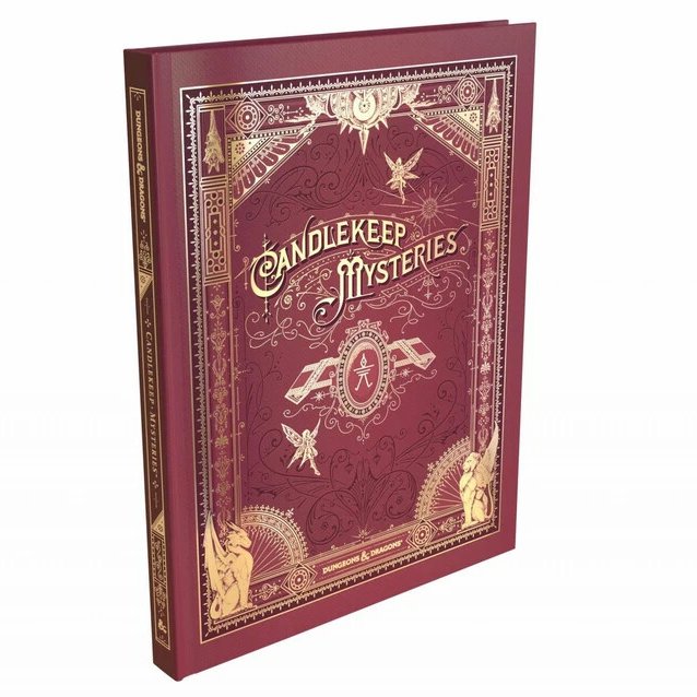 Candlekeep Mysteries alternate cover which is maroon in color and covered in shiny gold filagree. 