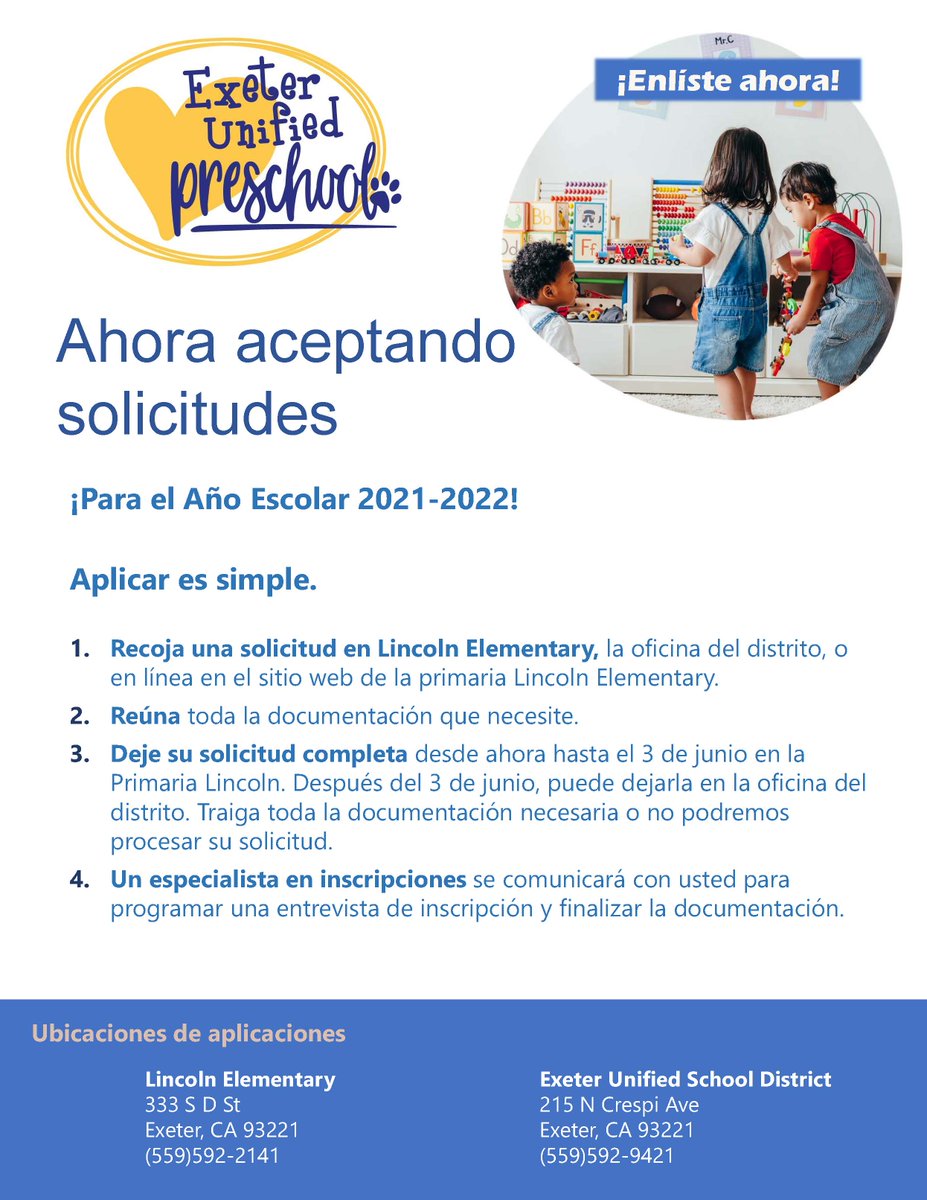 Exeter Unified is now enrolling Preschool students for the 2021-22 school year. For information on how to get started, contact Julia Isquierdo at 559-592-2141 ext. 3024 or via email at jisquierdo@exeter.k12.ca.us. #EUSD_StrongerTogether