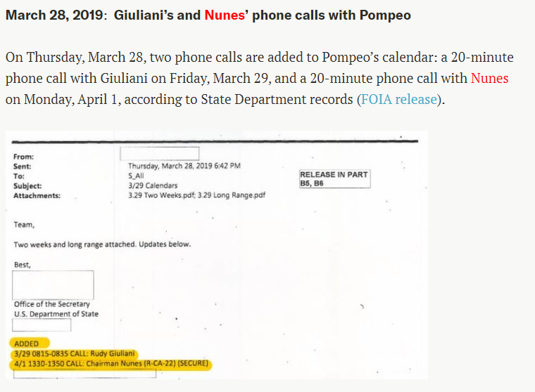 3. Reminder of this nugget in the Timeline:March 28, 2019Two phone calls are added to Sec. Pompeo’s calendar:a 20-minute phone call with Giuliani on Fridaya 20-minute phone call with Nunes on Monday(thanks to  @weareoversight FOIA lawsuit)