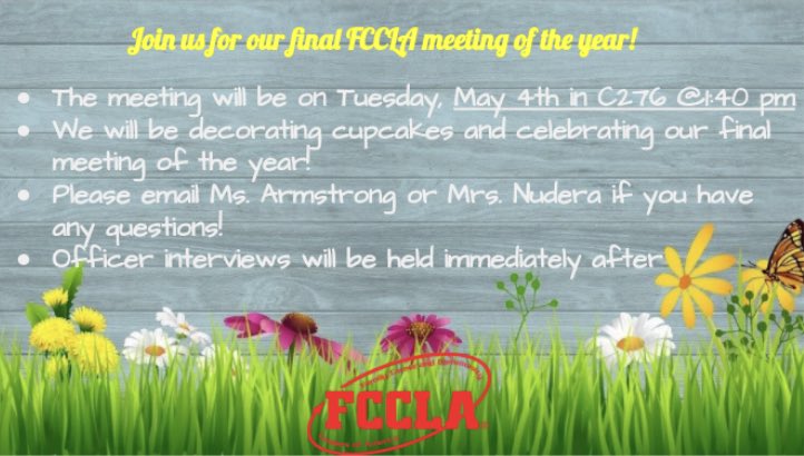 Our final FCCLA meeting of the year is on May 4th! We will be decorating cupcakes to celebrate🧁🎉