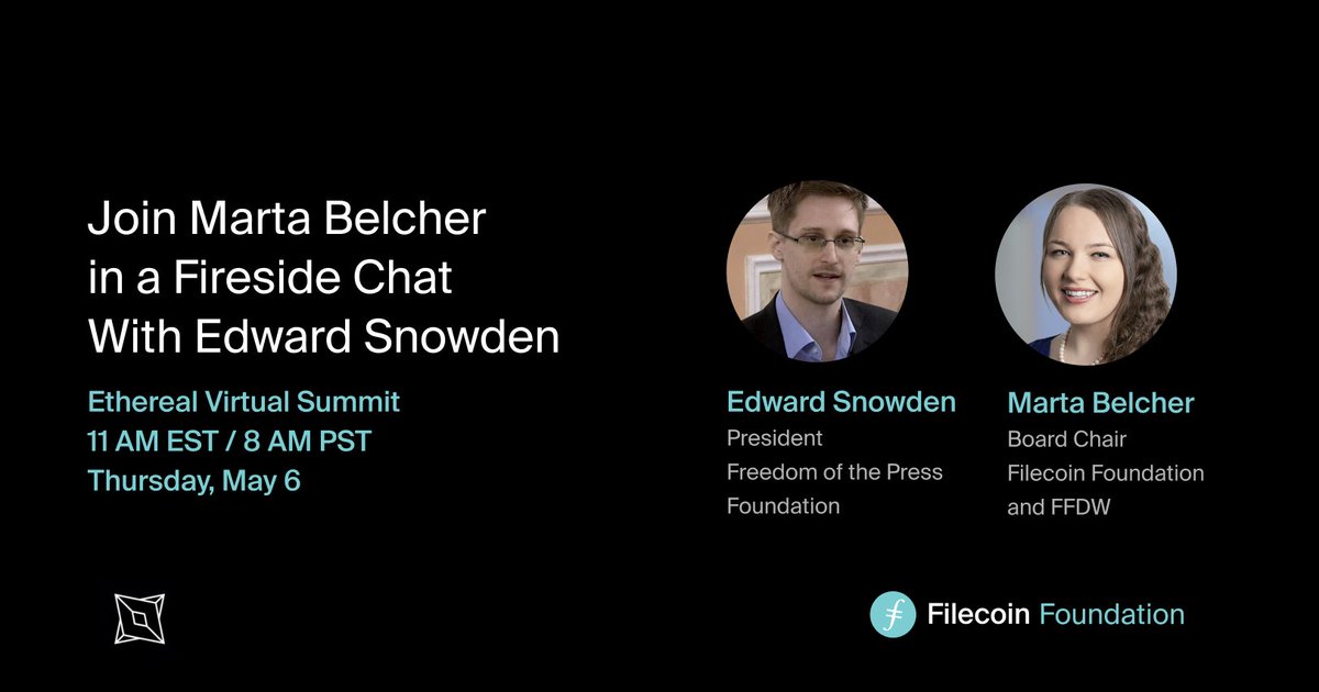Filecoin Foundation (@filfoundation) on Twitter photo Filecoin Foundation Board Chair <a href="/MartaBelcher/">Marta Belcher</a> sits down with <a href="/Snowden/">Edward Snowden</a> for a fireside chat on Thursday, May 6, at @Decrypt's <a href="/EtherealSummit/">Ethereal Summit</a>. Don't miss it! etherealsummit.com/agenda Filecoin Foundation Board Chair <a href="/MartaBelcher/">Marta Belcher</a> sits down with <a href="/Snowden/">Edward Snowden</a> for a fireside chat on Thursday, May 6, at @Decrypt's <a href="/EtherealSummit/">Ethereal Summit</a>. Don't miss it! etherealsummit.com/agenda