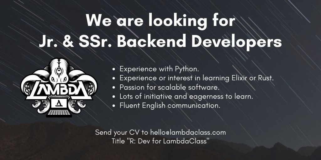 Join our team and master #Elixir and #Rust. We are looking for Junior and Semi Senior #backendDevelopers willing to learn our main stack and join several new challenging projects. Apply through email or form: forms.gle/GZWAQhfnfRSNMu…
#elixirlang #Rustlang #argentina #jobposting