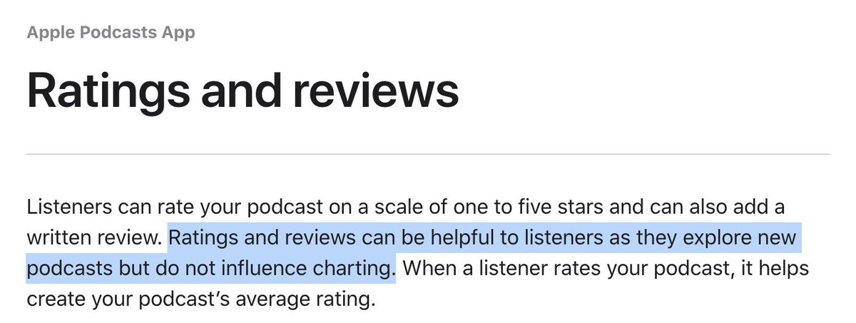 54/ Apple Podcasts reviews do NOT help you rank higher in the Apple charts. There is a myth that it helps your ranking, but it's been debunked by  @ApplePodcasts. But it still helps your podcast because...