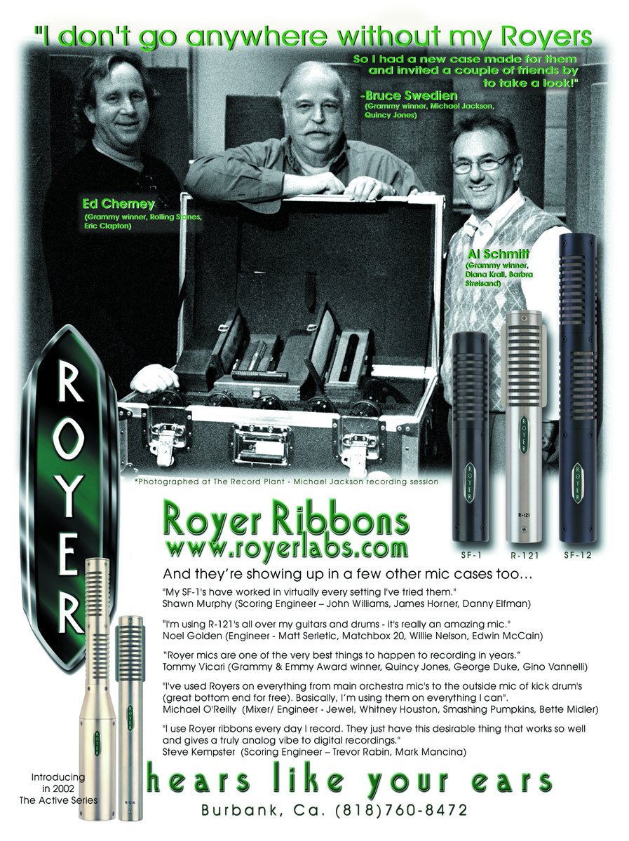 royerlabs's tweet photo. One of our very first advertisements included these three giants who decided to support a small, up-and-coming company. Masters of their craft and the most generous of human beings. We miss you. #AlSchmitt #BruceSwedien #EdCherney https://t.co/nxCq1P6bi7