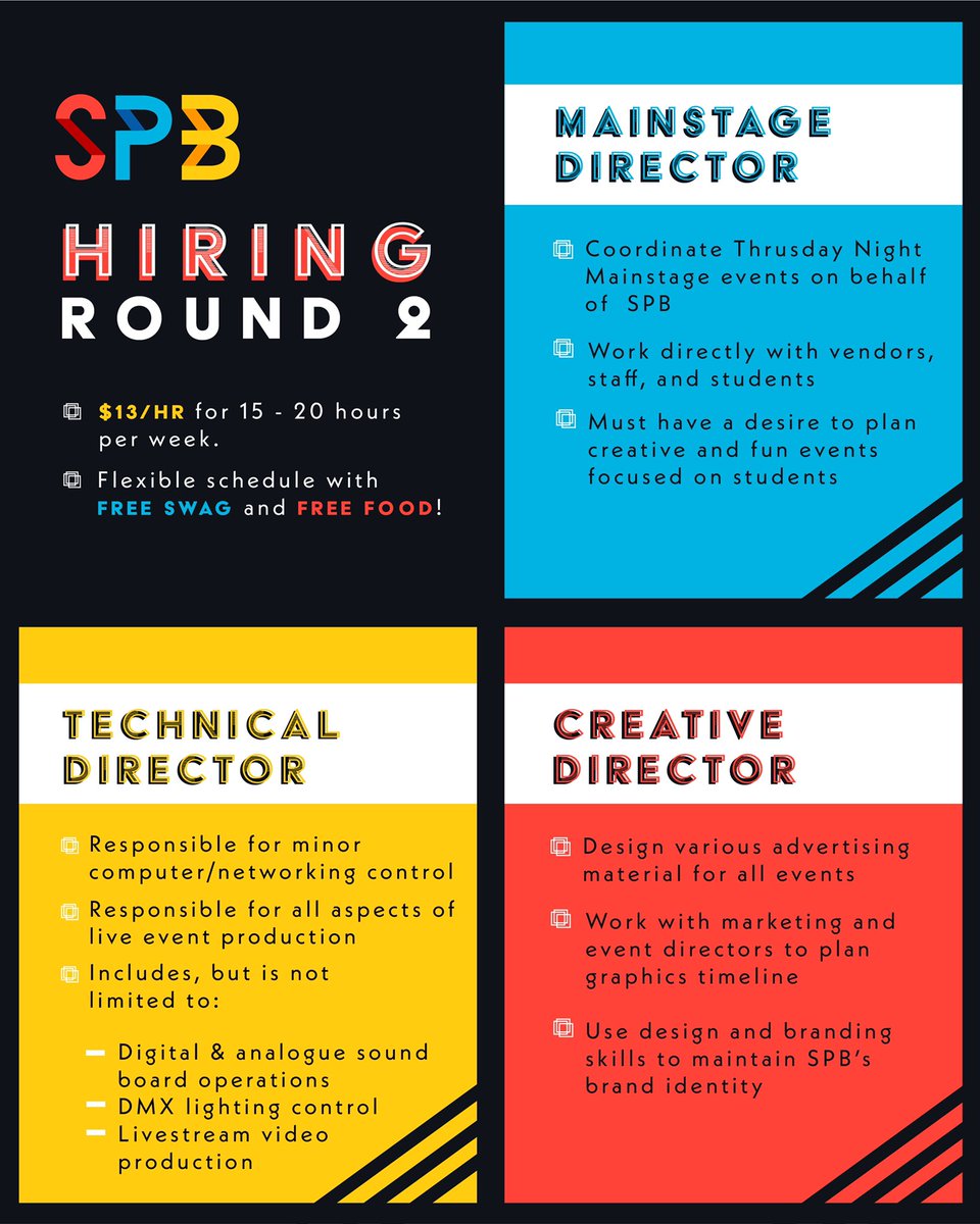 OU Students! This is SPB's Hiring Round 2! There's still a chance for you to join SPB's executive board for the 2021-2022 school year! We have 3 positions left: MainStage Director, Technical Director, and Creative Director. Apply through Handshake or through our GrizzOrgs page!