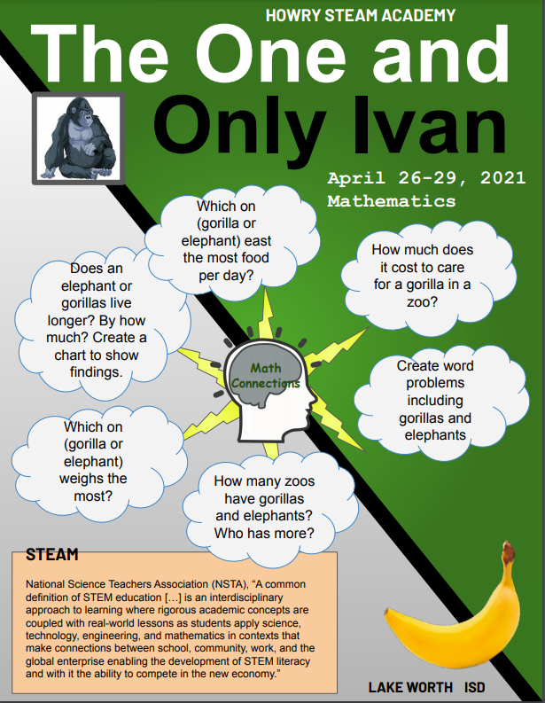 April 26 - 29, 2021 (Week 4 - Final Week) One Book, One School and STEAM Home Activities Flyer. This week's focus is on "M" - Mathematics.