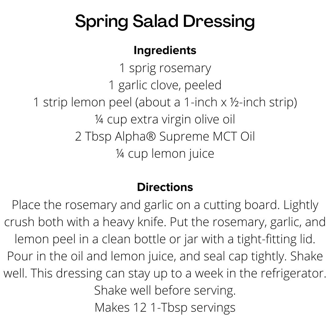 AlphaFats's tweet image. Spring has sprung! Dress up your salad with this recipe featuring delicious herbs and a healthy dose of fats from our Supreme MCT Oil. Swipe for the recipe and save this post to use all spring long!

#health #naturalhealth #MCTOil #Recipe #Salad