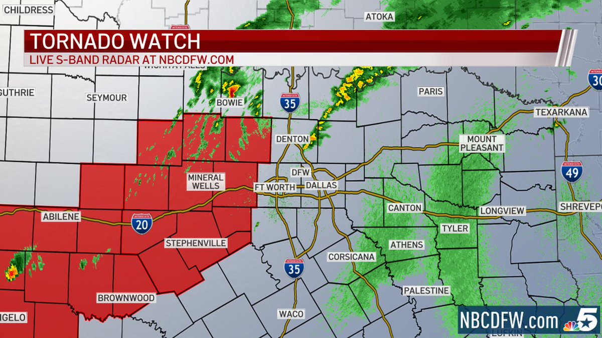 NBCDFWWeather's tweet image. A Tornado WATCH has been issued for parts of North Texas. Go to nbcdfw.com/weather?_osour… for updates and live #SBandRadar. #NBCDFWStorms #NBCDFWWeather #dfwwx