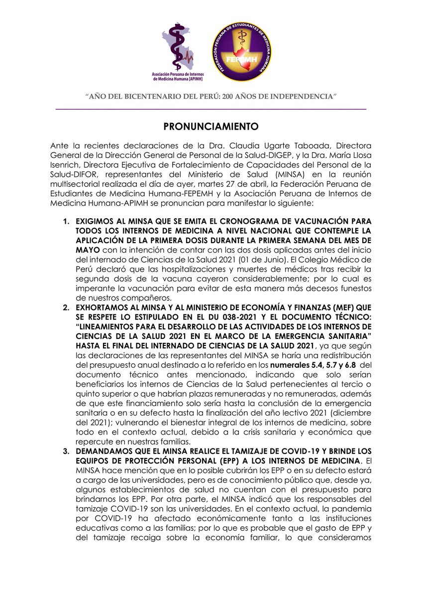 FEPEMH_'s tweet photo. 🟣 PRONUNCIAMIENTO

En el siguiente Pronunciamiento emitimos nuestra posición contra lo dicho por el @Minsa_Peru en la reunión multisectorial realizada el día de ayer, martes 27 de abril.

#InternadoDigno 
#VacunasParaLosInternos 
#TodosSomosFEPEMH https://t.co/mQ09Jtzt41