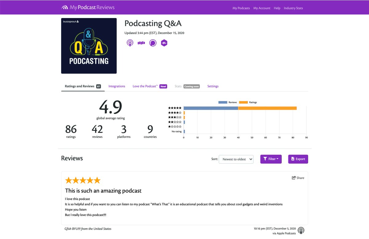 60/ Track your reviews with  @MyCastReviews.Instead of checking each review site individually, you can set up one account with My Podcast Reviews. Then you'll be notified when listeners review your show.  https://mypodcastreviews.com/ 
