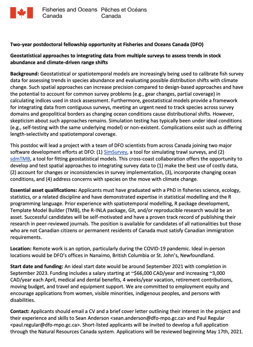 Postdoc opportunity at DFO on geostatistical modelling, survey data, and climate change. Come work with <a href="/PaulRegular/">Paul Regular</a> and me and collaborators across the country!

2-yrs, ~$66-69K CAD/yr, full benefits, flexible location, starting ~Sept. Apply by May 17.

seananderson.ca/docs/dfo-geost…