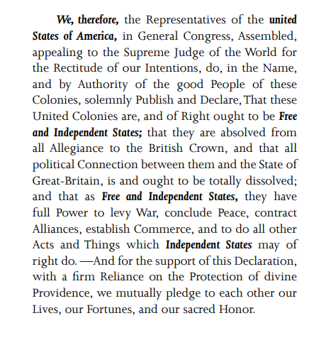 Politicians like to quote one line from the Declaration of Independence. They do this because it is the only line they have read.

To understand the final and most important paragraph of the document is to acknowledge the absurdity of American nationalism. Let us part ways. https://t.co/Apiq8b8nZ5