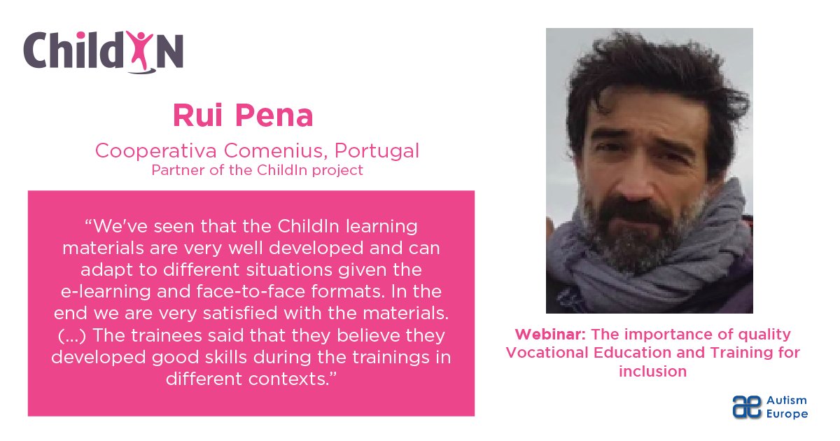ChildIN_EU's tweet photo. 💻Rui Pena, #ChildIn project partner from Cooperativa Comenius, was a panelist for the #ChildIn webinar last week!

📚He spoke about the learning materials developed for the project and the trainees experiences.

#inclusion #autism #webinar https://t.co/EQWsOYOMsF