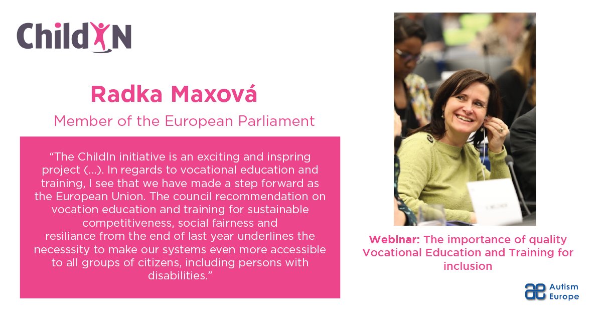 ChildIN_EU's tweet photo. 💻Thank you MEP @MaxovaRadka for joining the #ChildIn webinar last week to speak about vocational education and #training!

💪Let's continue to take steps forward to ensure that systems throughout the EU are accessible to all citizens, including persons with #disabilities. https://t.co/MSJrA4rEFr