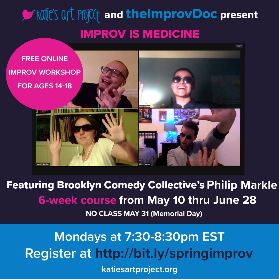 We're so excited to announce our 3rd #ImprovIsMedicine online workshop in collaboration with @theimprovdoc! @ComedyBrooklyn's @philipsparkle will be teaching this workshop to kids ages 14-18 who are living with life-threatening illnesses. Register now! bit.ly/springimprov