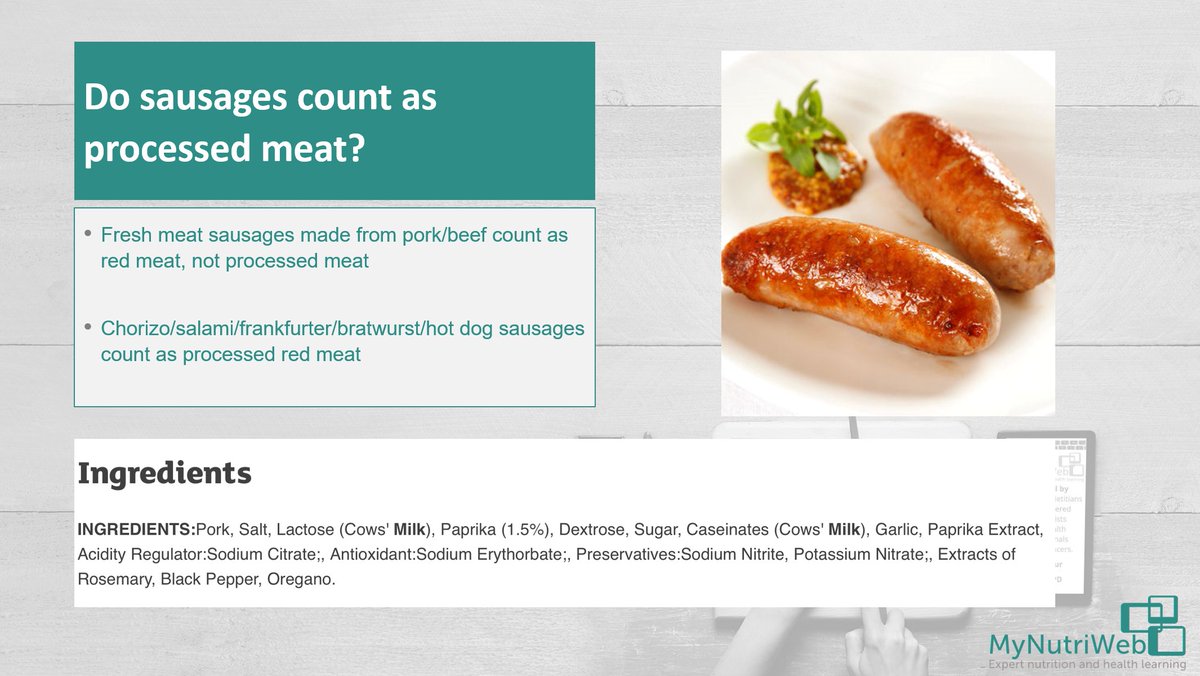 MyNutriWeb's tweet photo. ❓Do sausages always count as processed meat? A question many ask!

🥩Fresh meat sausages made from pork/beef count as RED MEAT, not processed meat

🌭Chorizo/salami/frankfurter/bratwurst/hot dog sausages count as PROCESSED red meat
#mynutriweb #cancerandmeat 
@WCRF_UK https://t.co/oGIU4YGHrR