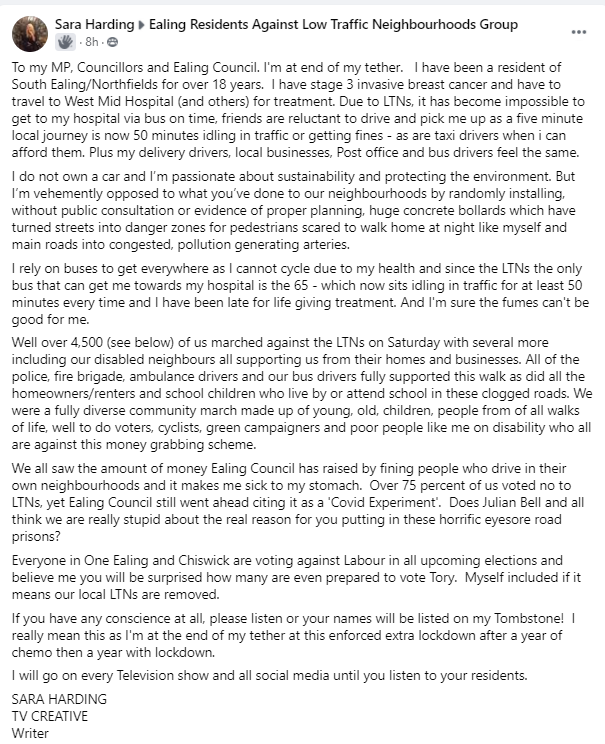EalingOne's tweet photo. Sara, 1 of our members, asked us to share the letter she sent to @ealinglabour politicians, in order to raise awareness on how Ealing #LTNs are negatively impacting the life of 1000s.
Not sure how anybody could still support @ealingcouncil LTNs after reading ๐.
@sarajaneharding https://t.co/zhoWHAH0XP