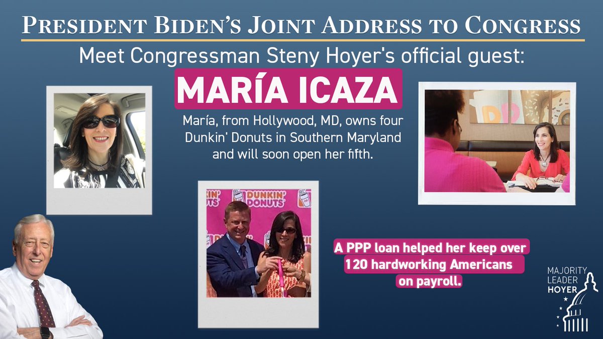 RepStenyHoyer's tweet photo. Pleased to welcome #MD05 business owner María Icaza as my virtual guest for @POTUS’ speech tonight. 

Thanks to resources provided by the #AmericanRescuePlan &amp; prior emergency relief, she was able to keep her doors open &amp; keep employees on the payroll: https://t.co/d1VDYHMmv9 https://t.co/mfeM8u7IF3