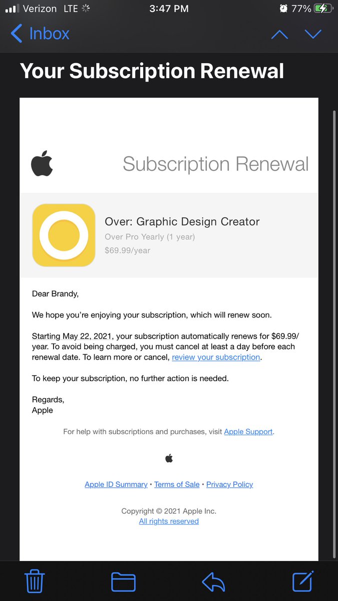 Branthedreamer's tweet photo. The way my heart dropped thinking this was a receipt. 🙈😆🙌🏾🙏🏾Thank you for the reminder, Apple. Now to evaluate how much I’ve used this app in the last year. 🤔 #OverApp https://t.co/VN242wWf5w