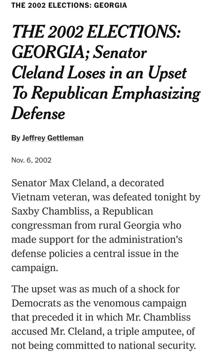 In 2002’s election, when Georgia switched to all electronic voting, a popular Dem lost re-election in an ugly controversial upset. Sen. Max Cleland was a decorated Vietnam vet who lost 3 limbs in the war. But the GOP candidate who won accused him of not being patriotic enough