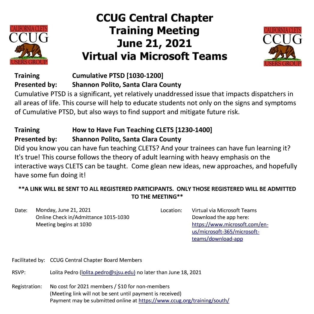 Central Chapter Training
Monday, 6/21/21 via Microsoft Teams
RSVP here: ccug.org/training/centr… by 6/18/21.
FREE FOR MEMBERS, $10 per non-member
Membership is by agency, to become a member, click here: ccug.org/event/agency-m…