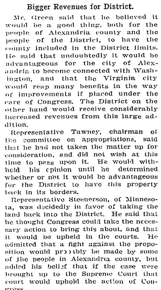 Apparently the idea of re-retroceding Arlington and Alexandria to D.C. was being debated in the late 1800s and early 1900s in Congress. Some believed it would give D.C. a bigger tax base, others said Arlington would be a good place for factories. (Not of cheesecake variety.)