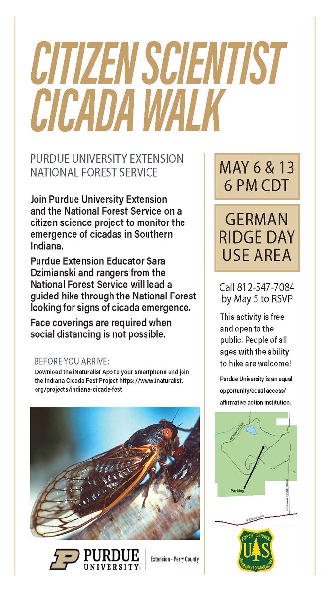 Join #PurdueExtension May 6 &amp; 13 at 6 PM on a citizen scientist cicada walk! Location: German Ridge Day Use Area.