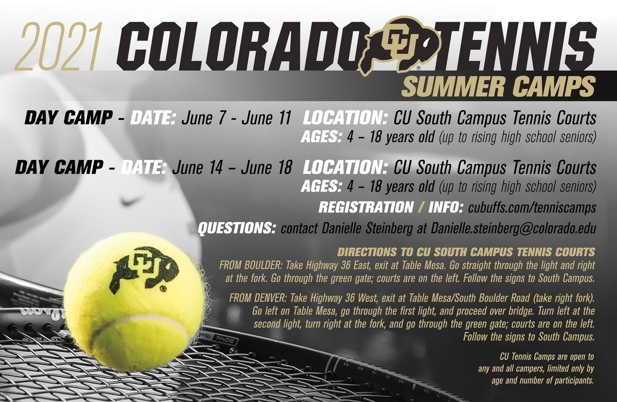 Young tennis fans and players, mark your 📅 to join us this summer in our tennis camps! For more information go to cubuffs.com/tenniscamps! #GoBuffs