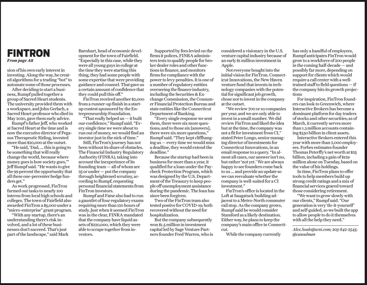 FinTronInvest's tweet photo. FinTron Invest is honored to be featured in the Connecticut Post this month! Read the whole story below. https://t.co/0PWmdscTa3