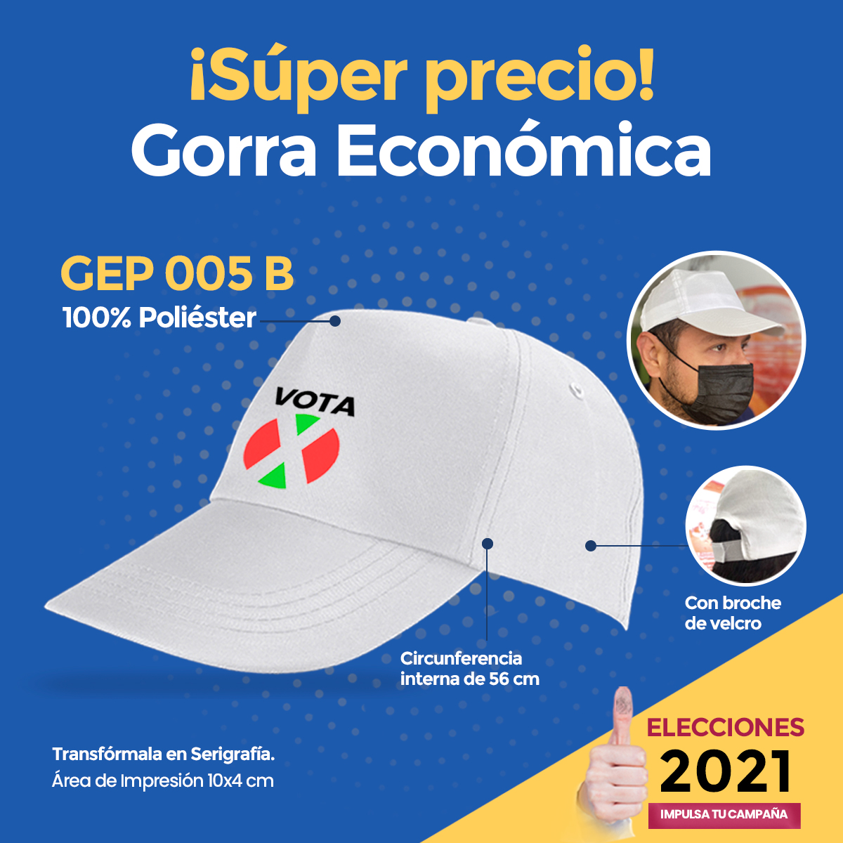 GPS PROMOCIONALES: GORRA BLANCA ECONOMICA DE POLIESTER PARA CAMPAÑA