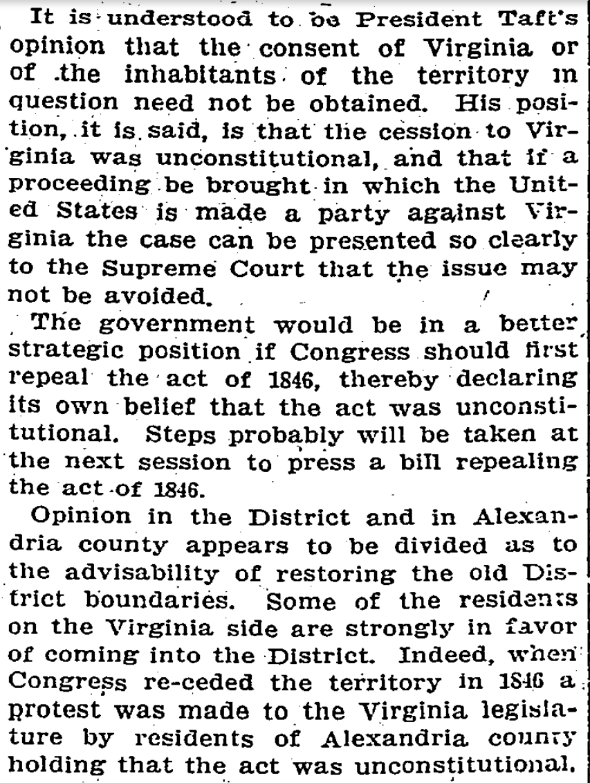 Who knew President Taft was an ardent re-retrocessionist? He wanted to recreate the diamond.