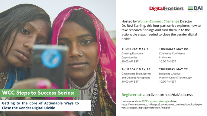 Thrilled to host #WomenConnect Steps to Success Series with <a href="/ReviSterling/">Revi Sterling</a>, <a href="/gemmaferg/">Gemma Ferguson</a>, <a href="/indrani_mthies/">Indrani Medhi Thies</a> + others. Join us each Thursay in May at 10 EST for discussions on how to close the #gender #digitaldivide using WCC’s proven strategies. Link: app.livestream.co/dai/success <a href="/USAID/">USAID</a>