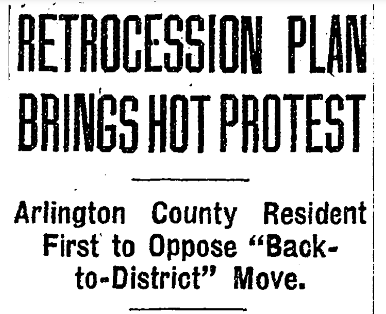 There was a protest in 1930 to oppose any plan to re-retrocede Arlington and Alexandria to D.C. It went pretty much as you'd expect.