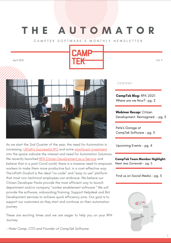 AutomationBuild's tweet image. Check out the April newsletter from @CampTekRPA !!! #rpa
lnkd.in/ehkKvsT