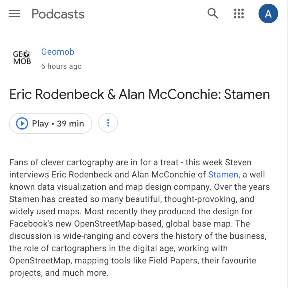 Stamen Design (@stamen@vis.social) (@stamen) on Twitter photo Just released: 🔊 An interview with <a href="/ericrodenbeck/">Eric Rodenbeck</a> & <a href="/mappingmashups/">Alan McConchie</a> in the latest episode of The @Geomob Podcast. We talk about the past, present, and future of cartography at Stamen Design. Listen online or anywhere you get your podcasts: thegeomob.com/podcast/episod… Just released: 🔊 An interview with <a href="/ericrodenbeck/">Eric Rodenbeck</a> & <a href="/mappingmashups/">Alan McConchie</a> in the latest episode of The @Geomob Podcast. We talk about the past, present, and future of cartography at Stamen Design. Listen online or anywhere you get your podcasts: thegeomob.com/podcast/episod…