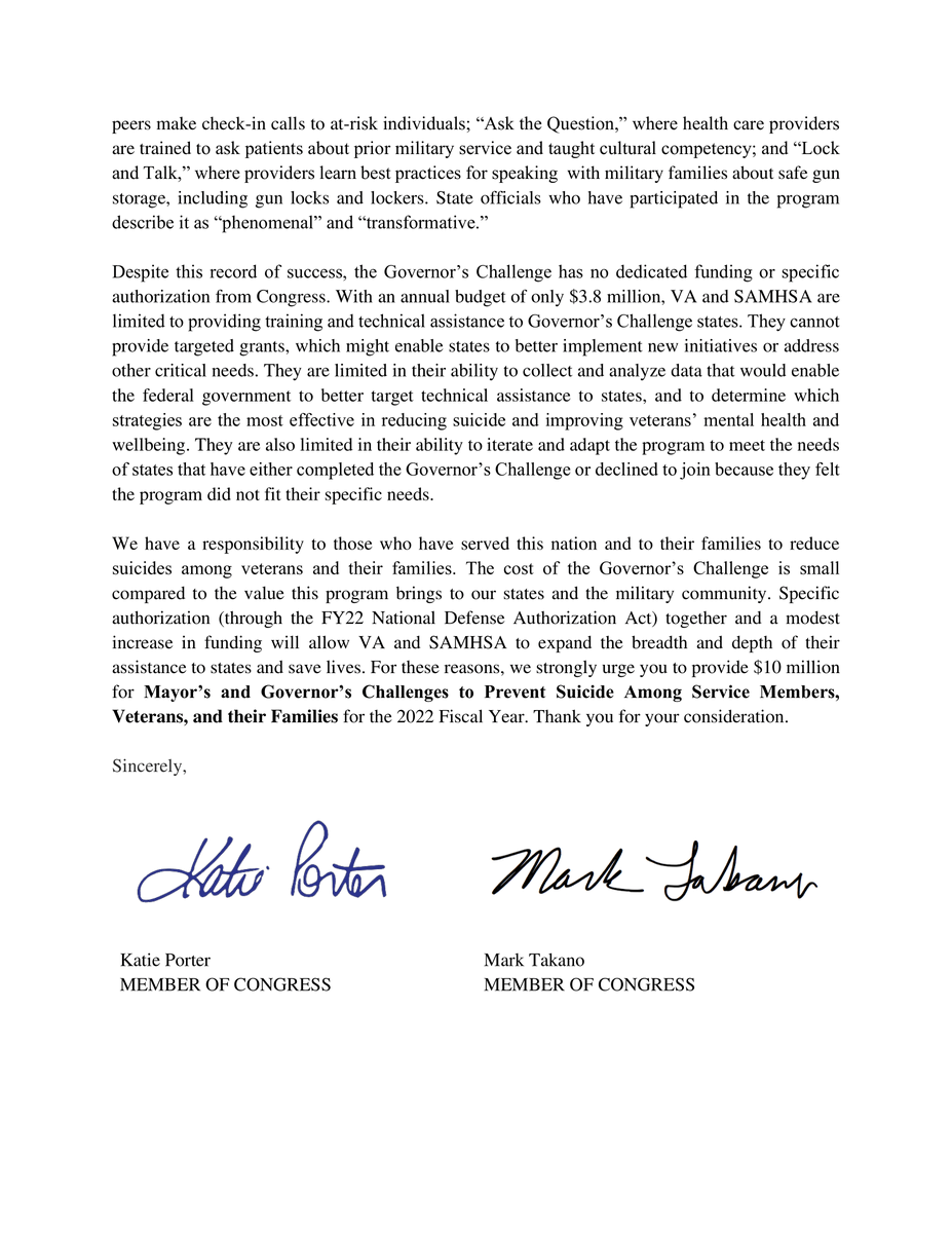 TeamKatiePorter's tweet photo. Veteran suicide is a crisis for our military families, and it's a tragic reminder we must do more to get our servicemembers the help they need. Today, @RepMarkTakano and I urged Congressional leadership to strengthen a program to help end servicemember suicide. https://t.co/Yg3sobUCK9