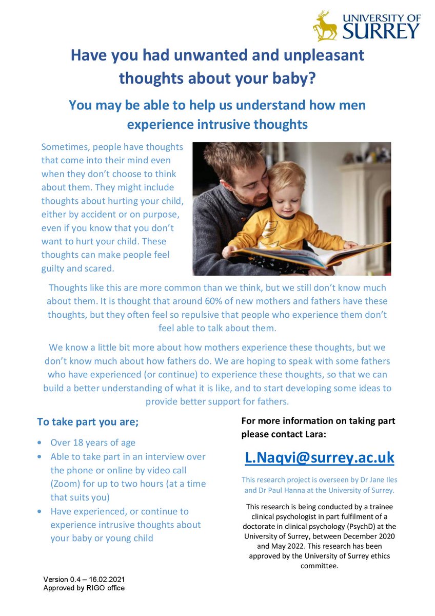I've been lucky enough to slightly amend this to be more inclusive, and keen to speak with dads who have experienced intrusive thoughts regardless of the current age of children. Drop a DM or email below🙌PleaseRT <a href="/AshCurryOcd/">Ash</a> <a href="/MarkWilliamsFMH/">Fathers Mental Health UK</a> <a href="/MentalPmha/">Paternal Mental Health Alliance (PMHA)</a> <a href="/ocdaction/">OCD Action</a> <a href="/DrAndyMayers/">Dr Andy Mayers💡</a>