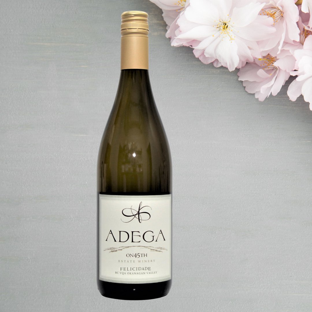 Adega on 45th Estate Winery Felicidade. Blend of Orange Muscat, Gewurztraminer, Sauvignon Blanc &amp; Viognier. Fresh citrus zest accompanying floral and tropical notes with soft hints of herbs, pears and peaches. Finishes clean, crisp and balanced with delicate residual apple note.