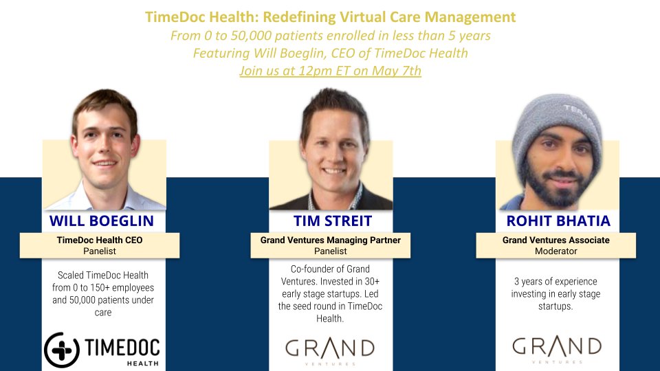 TimeDoc Health (@timedochealth) on Twitter photo Join <a href="/grandvcp/">Grand Ventures</a> Coffee House Series on May 7th at 12EST to learn about how TimeDoc Health scaled up to serve more than 50,000 patients a month
us02web.zoom.us/webinar/regist… Join <a href="/grandvcp/">Grand Ventures</a> Coffee House Series on May 7th at 12EST to learn about how TimeDoc Health scaled up to serve more than 50,000 patients a month
us02web.zoom.us/webinar/regist…