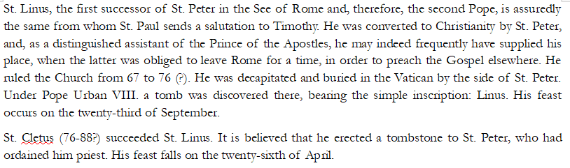 First are Sts. Linus, Cletus, and Clement, the first three popes in succession of Peter. Of these men, little is written; you can imagine the tumult of the earliest Church history that marked the transition from the Apostolic age into the period of the early Fathers.